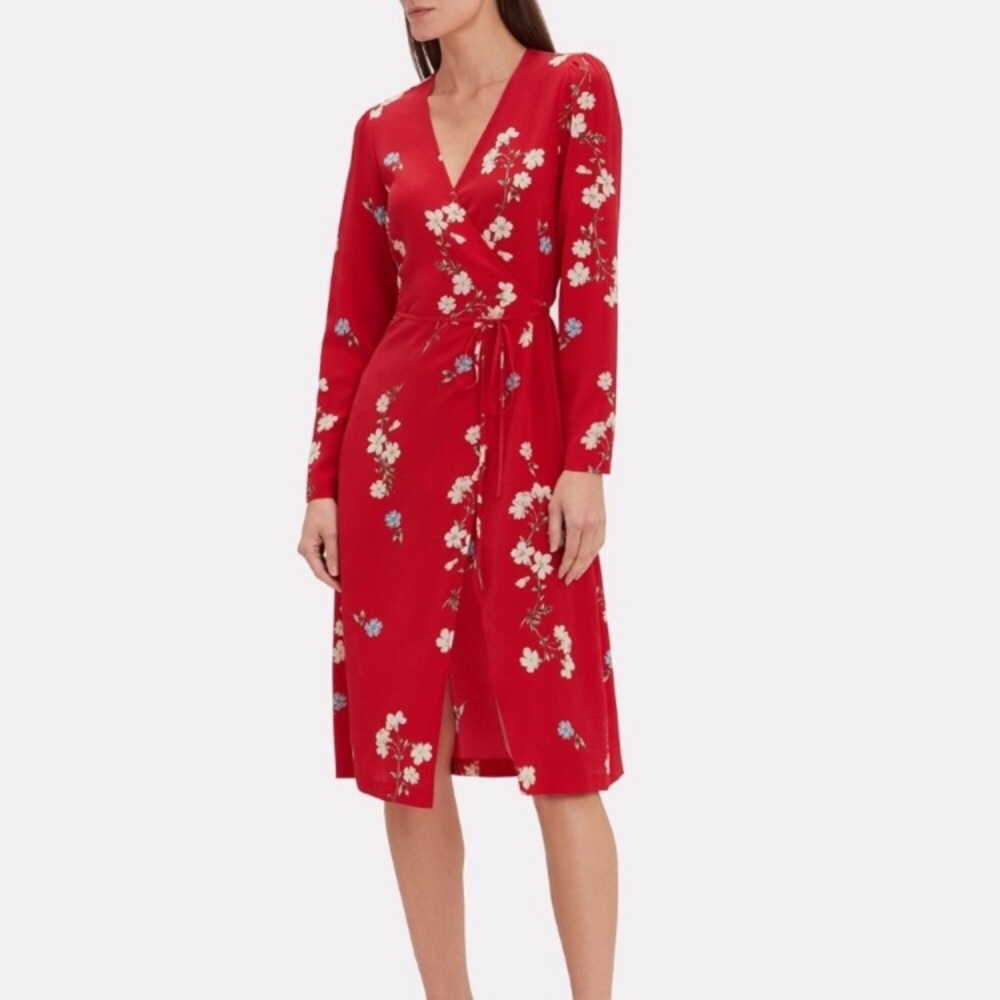 Intermix MIDI Silk Red Floral Wrap Dress 8